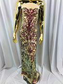 Iridescent - Magenta Gold - 4 Way Stretch Sequins Vines Pattern Fabric  - Sold By The Yard