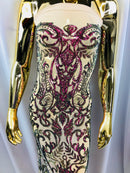 Iridescent - Magenta Gold - 4 Way Stretch Sequins Vines Pattern Fabric  - Sold By The Yard