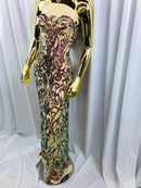 Iridescent - Magenta Gold - 4 Way Stretch Sequins Vines Pattern Fabric  - Sold By The Yard