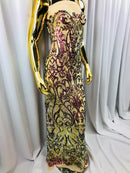 Iridescent - Magenta Gold - 4 Way Stretch Sequins Vines Pattern Fabric  - Sold By The Yard