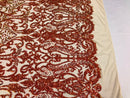 Iridescent - Orange / Nude - 4 Way Stretch Sequins Vines Pattern Fabric  - Sold By The Yard