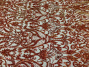 Iridescent - Orange / Nude - 4 Way Stretch Sequins Vines Pattern Fabric  - Sold By The Yard