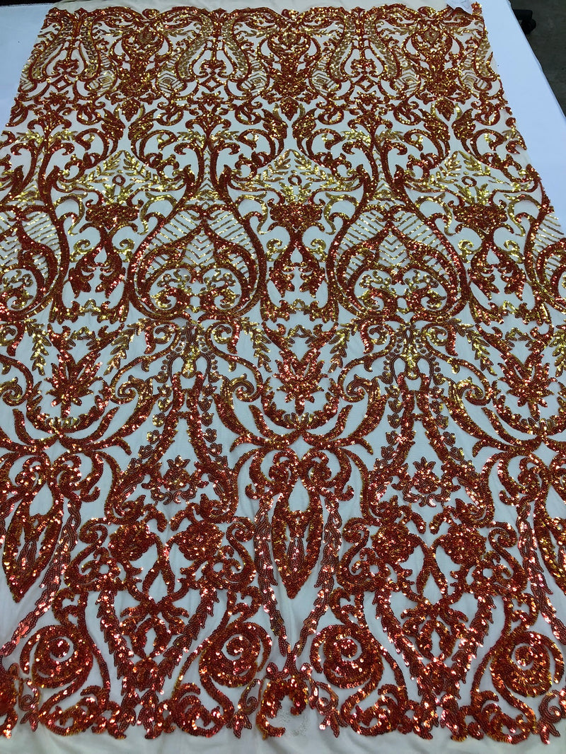 Iridescent - Orange / Nude - 4 Way Stretch Sequins Vines Pattern Fabric  - Sold By The Yard