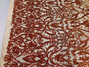 Iridescent - Orange / Nude - 4 Way Stretch Sequins Vines Pattern Fabric  - Sold By The Yard