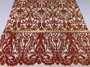 Iridescent - Orange / Nude - 4 Way Stretch Sequins Vines Pattern Fabric  - Sold By The Yard
