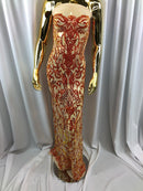 Iridescent - Orange / Nude - 4 Way Stretch Sequins Vines Pattern Fabric  - Sold By The Yard