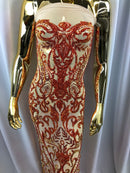 Iridescent - Orange / Nude - 4 Way Stretch Sequins Vines Pattern Fabric  - Sold By The Yard