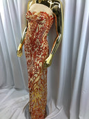 Iridescent - Orange / Nude - 4 Way Stretch Sequins Vines Pattern Fabric  - Sold By The Yard