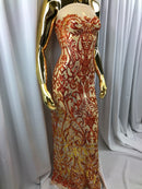 Iridescent - Orange / Nude - 4 Way Stretch Sequins Vines Pattern Fabric  - Sold By The Yard