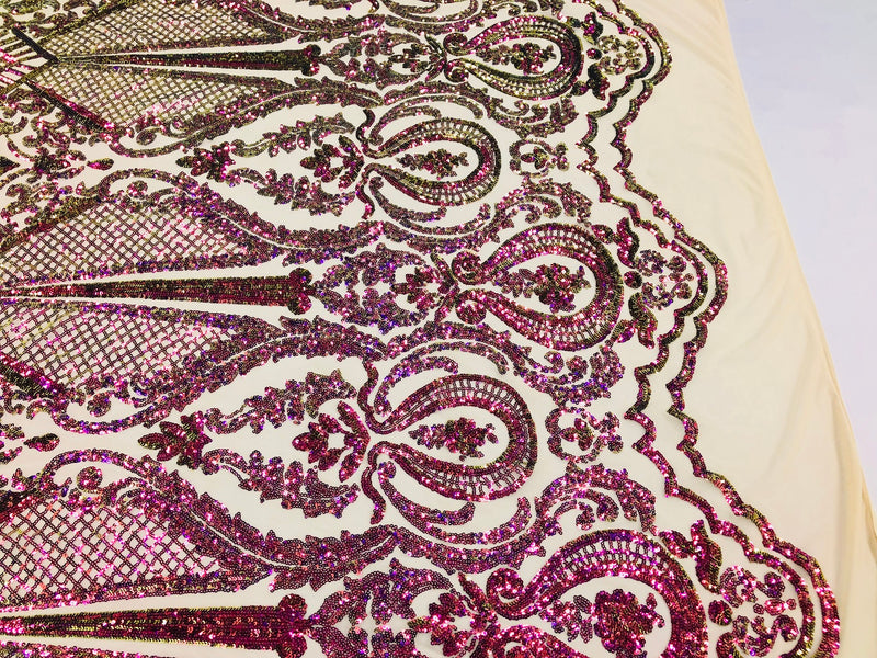 Iridescent - Magenta Gold - 4 Way Stretch Sequins Design Pattern Fabric  - Sold By The Yard