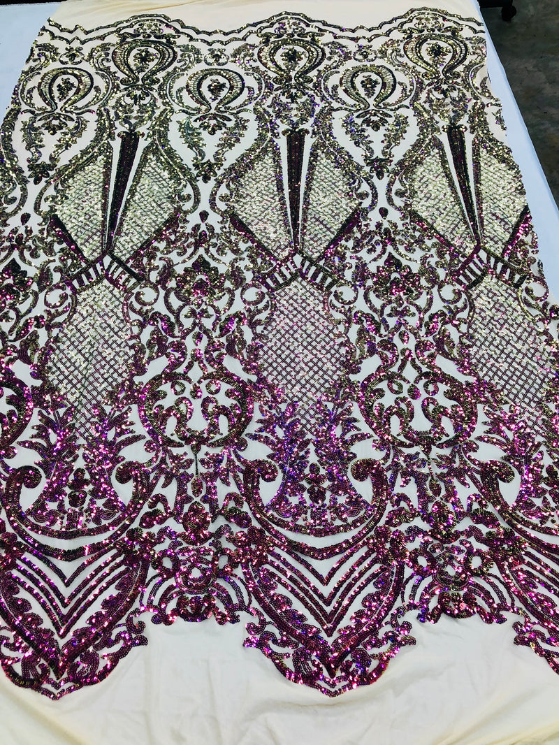 Iridescent - Magenta Gold - 4 Way Stretch Sequins Design Pattern Fabric  - Sold By The Yard