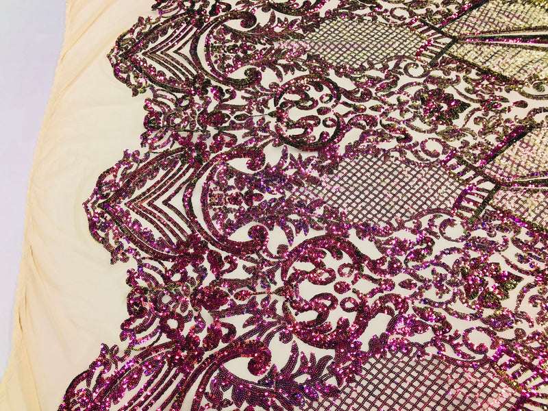 Iridescent - Magenta Gold - 4 Way Stretch Sequins Design Pattern Fabric  - Sold By The Yard