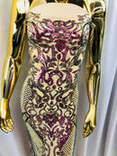 Iridescent - Magenta Gold - 4 Way Stretch Sequins Design Pattern Fabric  - Sold By The Yard