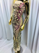 Iridescent - Magenta Gold - 4 Way Stretch Sequins Design Pattern Fabric  - Sold By The Yard