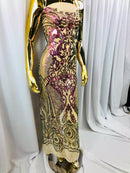 Iridescent - Magenta Gold - 4 Way Stretch Sequins Design Pattern Fabric  - Sold By The Yard