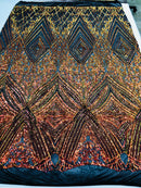 Iridescent Orange - 4 Way Stretch Sequins Pattern Fabric on Black Mesh Sold By The Yard