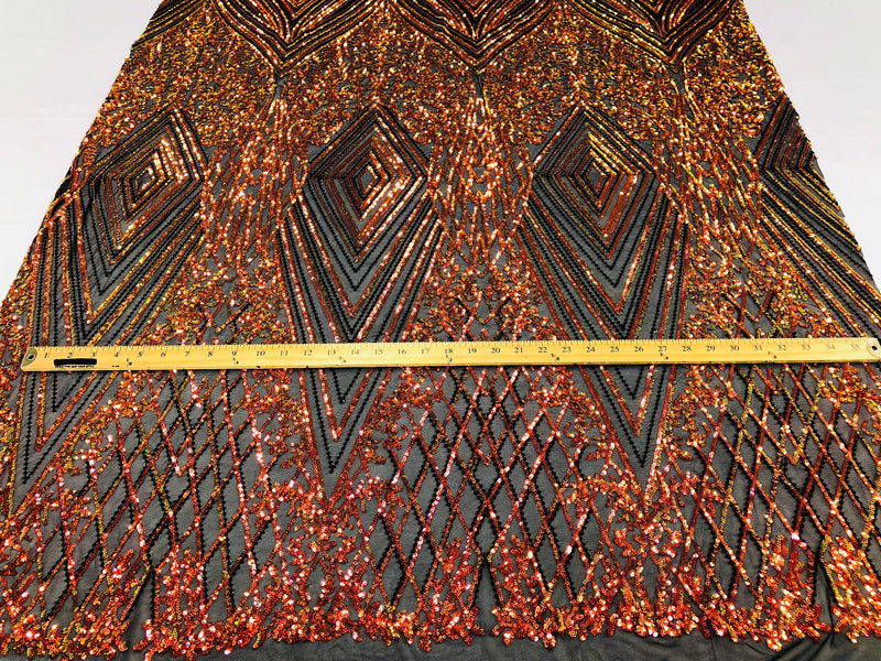 Iridescent Orange - 4 Way Stretch Sequins Pattern Fabric on Black Mesh Sold By The Yard