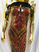 Iridescent Orange - 4 Way Stretch Sequins Pattern Fabric on Black Mesh Sold By The Yard