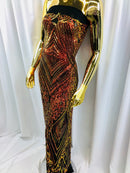 Iridescent Orange - 4 Way Stretch Sequins Pattern Fabric on Black Mesh Sold By The Yard