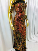 Iridescent Orange - 4 Way Stretch Sequins Pattern Fabric on Black Mesh Sold By The Yard