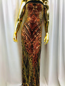 Iridescent Orange - 4 Way Stretch Sequins Pattern Fabric on Black Mesh Sold By The Yard