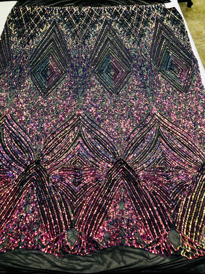 Iridescent - Magenta Rainbow 4 Way Stretch Sequins Pattern Fabric on Black Mesh - Sold By The Yard