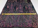 Iridescent - Magenta Rainbow 4 Way Stretch Sequins Pattern Fabric on Black Mesh - Sold By The Yard