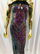 Iridescent - Magenta Rainbow 4 Way Stretch Sequins Pattern Fabric on Black Mesh - Sold By The Yard