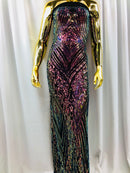 Iridescent - Magenta Rainbow 4 Way Stretch Sequins Pattern Fabric on Black Mesh - Sold By The Yard