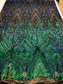 Iridescent - Blue/Green - 4 Way Stretch Sequins Pattern Fabric on Black Mesh - Sold By The Yard