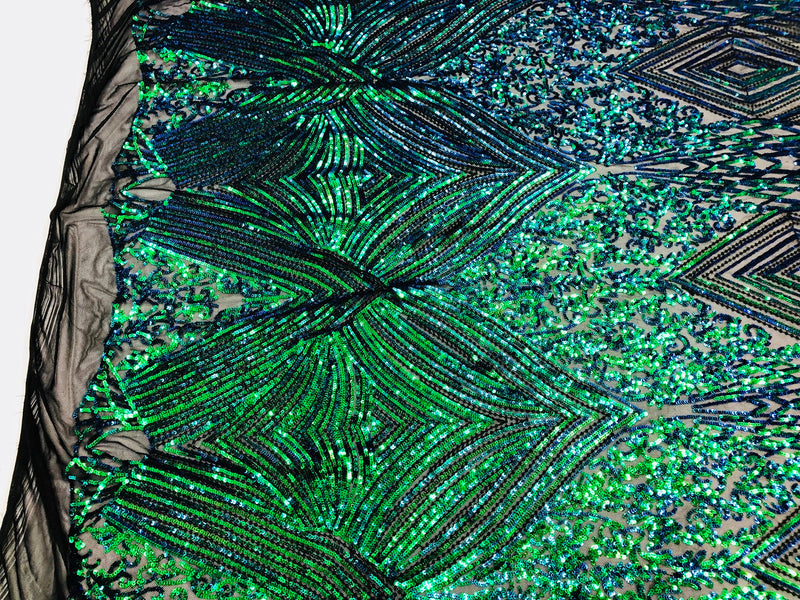 Iridescent - Blue/Green - 4 Way Stretch Sequins Pattern Fabric on Black Mesh - Sold By The Yard