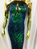 Iridescent - Blue/Green - 4 Way Stretch Sequins Pattern Fabric on Black Mesh - Sold By The Yard