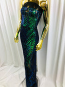Iridescent - Blue/Green - 4 Way Stretch Sequins Pattern Fabric on Black Mesh - Sold By The Yard
