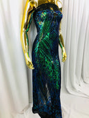 Iridescent - Blue/Green - 4 Way Stretch Sequins Pattern Fabric on Black Mesh - Sold By The Yard
