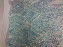 Iridescent - Baby Blue - 4 Way Stretch Sequins Pattern Fabric on White Mesh - Sold By The Yard