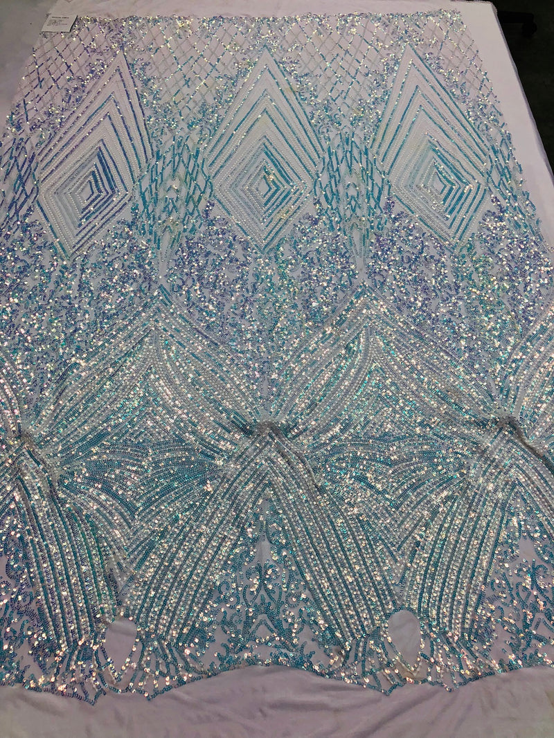 Iridescent - Baby Blue - 4 Way Stretch Sequins Pattern Fabric on White Mesh - Sold By The Yard