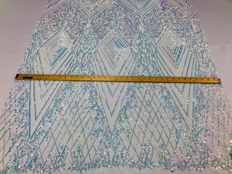 Iridescent - Baby Blue - 4 Way Stretch Sequins Pattern Fabric on White Mesh - Sold By The Yard