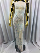 Iridescent - Baby Blue - 4 Way Stretch Sequins Pattern Fabric on White Mesh - Sold By The Yard