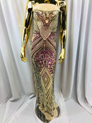 Iridescent - Fuschia/Gold - 4 Way Stretch Sequins Pattern Fabric on Mesh - Sold By The Yard