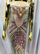 Iridescent - Fuschia/Gold - 4 Way Stretch Sequins Pattern Fabric on Mesh - Sold By The Yard