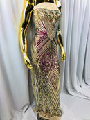 Iridescent - Fuschia/Gold - 4 Way Stretch Sequins Pattern Fabric on Mesh - Sold By The Yard