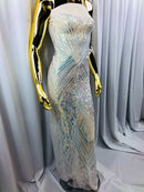 Iridescent - Baby Blue - 4 Way Stretch Sequins Pattern Fabric on White Mesh - Sold By The Yard