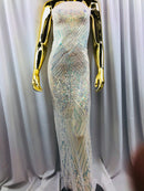 Iridescent - Baby Blue - 4 Way Stretch Sequins Pattern Fabric on White Mesh - Sold By The Yard