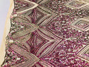 Iridescent - Fuschia/Gold - 4 Way Stretch Sequins Pattern Fabric on Mesh - Sold By The Yard