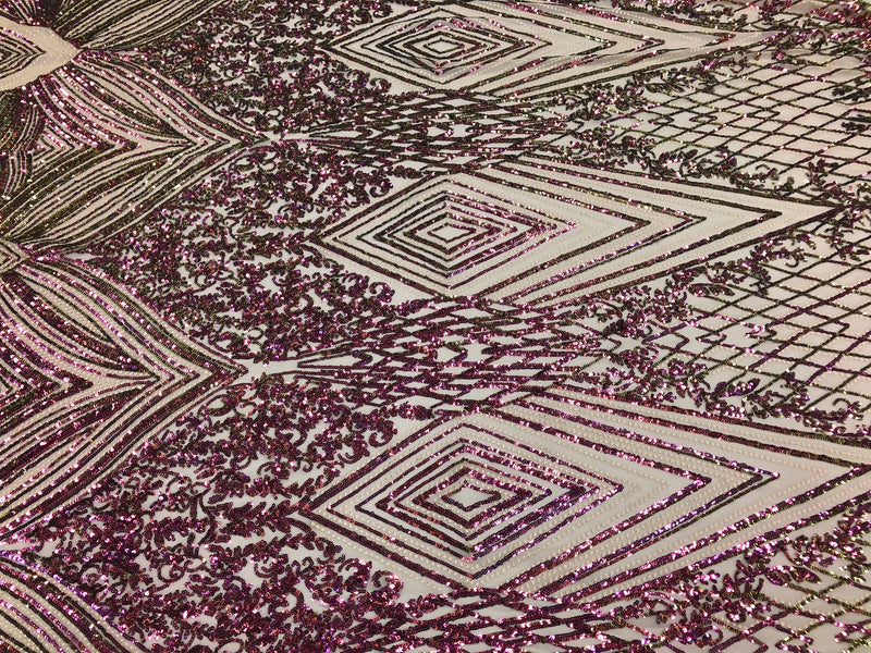 Iridescent - Fuschia/Gold - 4 Way Stretch Sequins Pattern Fabric on Mesh - Sold By The Yard