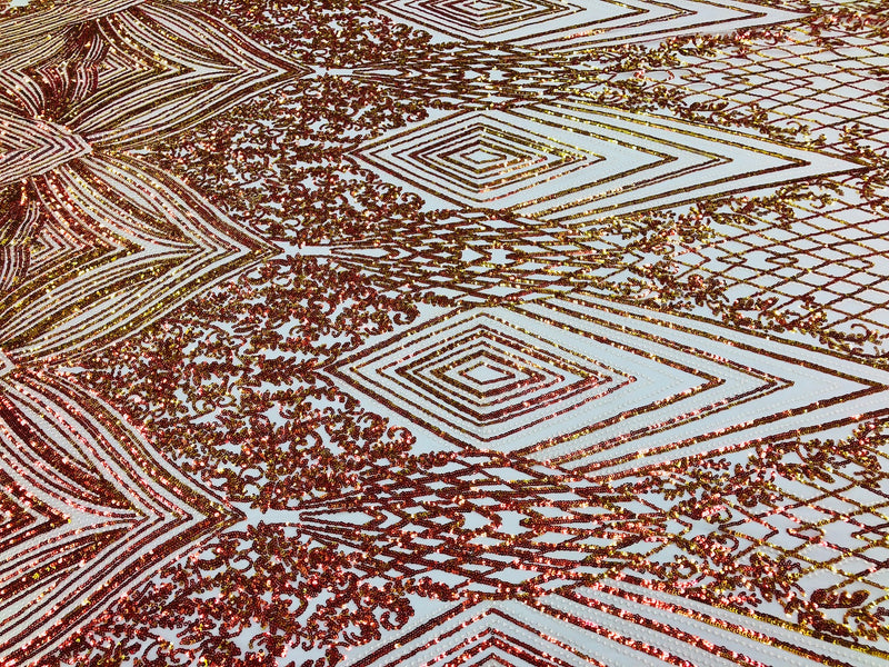 Iridescent - Orange Nude - 4 Way Stretch Sequins Pattern Fabric on Nude Mesh - Sold By The Yard