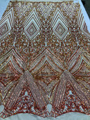 Iridescent - Orange Nude - 4 Way Stretch Sequins Pattern Fabric on Nude Mesh - Sold By The Yard