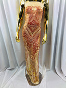 Iridescent - Orange Nude - 4 Way Stretch Sequins Pattern Fabric on Nude Mesh - Sold By The Yard