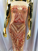 Iridescent - Orange Nude - 4 Way Stretch Sequins Pattern Fabric on Nude Mesh - Sold By The Yard