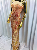 Iridescent - Orange Nude - 4 Way Stretch Sequins Pattern Fabric on Nude Mesh - Sold By The Yard